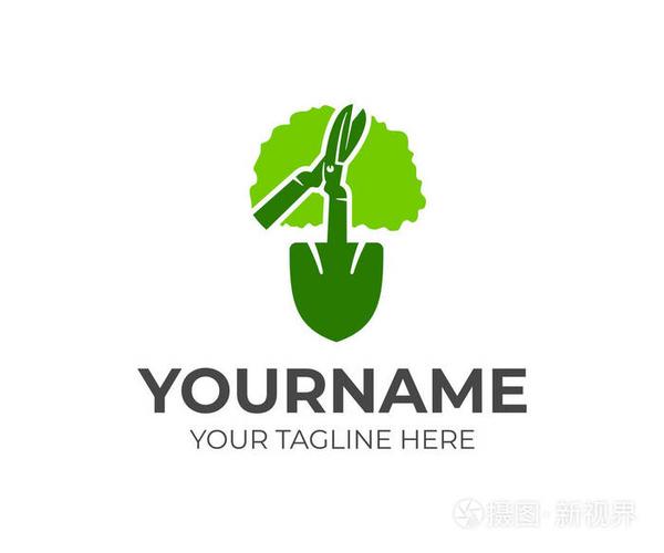 园林和景观工具,树木园艺剪刀和铲子标志设计.