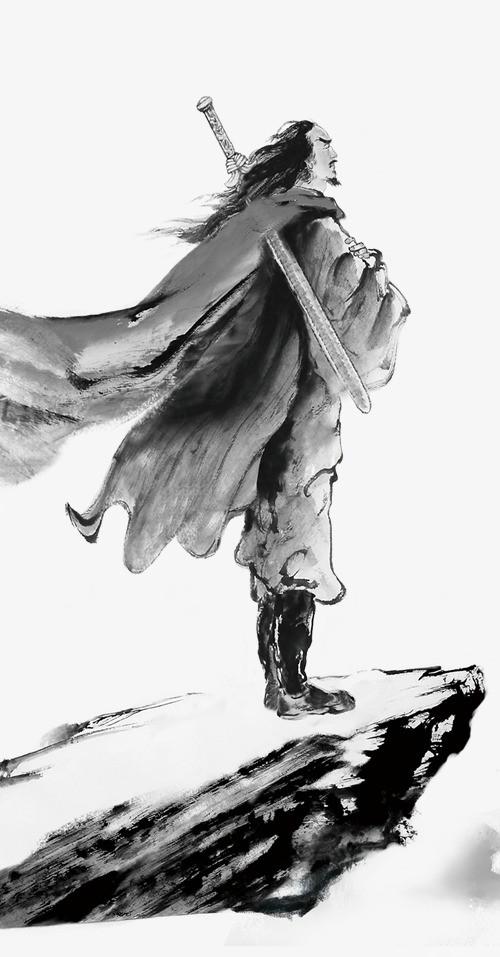 江湖 仗剑走天涯  水墨画  山崖  大侠