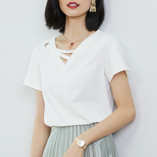 2021夏上新时尚套头衫上衣棉打底衫v领女装t恤短袖