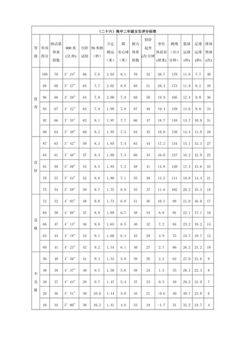 高中体育达标评分表
