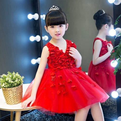 女童礼服红色花童礼服公主裙夏晚礼服演出服走秀儿童主持人蓬蓬裙