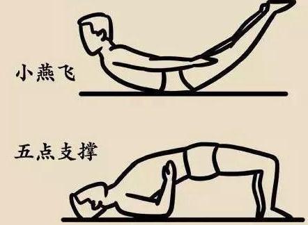 病人俯卧位,使腹部着床,四肢,头部抬起像飞燕一样,锻炼目的同拱桥式.