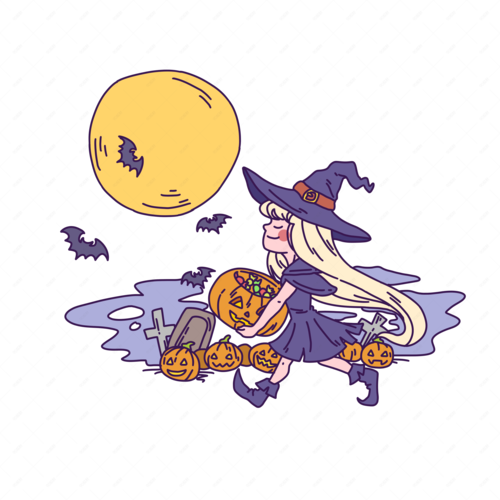 卡通手绘万圣节女巫抱南瓜插画