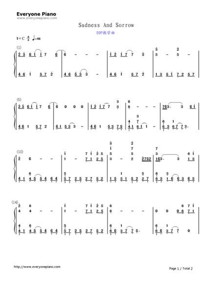 《火影忍者》伤感插曲《哀と悲》又名《sadness and sorrow》钢琴谱