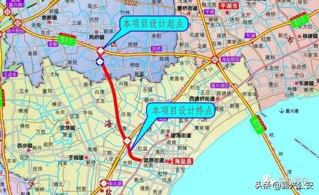 本项目起点位于南湖区凤桥镇,向南延伸至海盐境内,跨越规划海盐大道