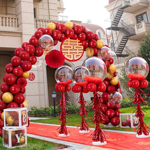 中式结婚庆气球婚礼现场布置装饰农村户外草坪场景路引男女方娘家