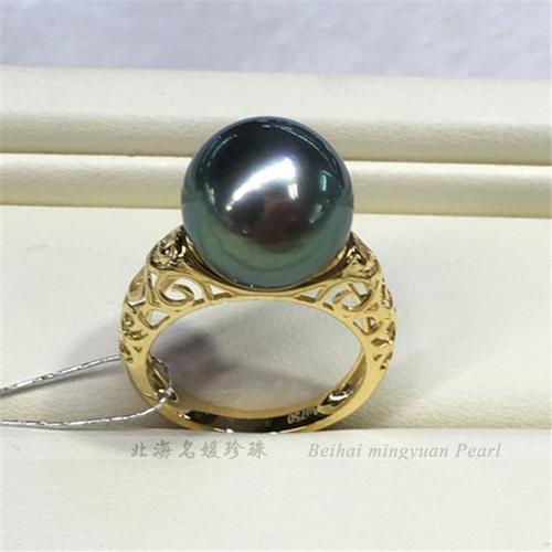 南洋金珠戒指 海水珍珠指环18k金戒指12-13mm金珍珠海水珠深金