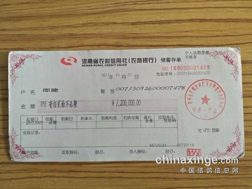 河南省农村信用社储蓄存单120万元整