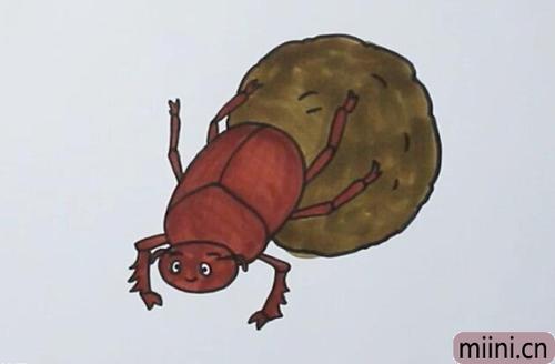 3,接着画出屎壳郎后腿推着的大圆粪球,并在上面画上一些小线条.