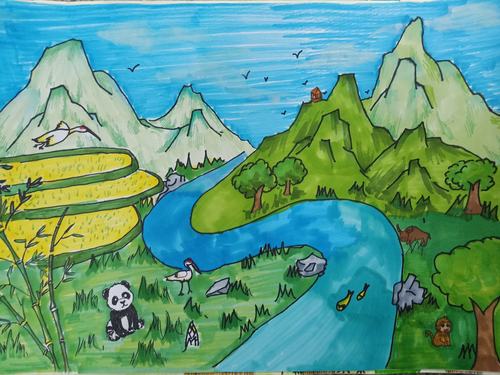 童真染秦岭"大学南路小学分校保护秦岭生态环境绘画比赛作品展