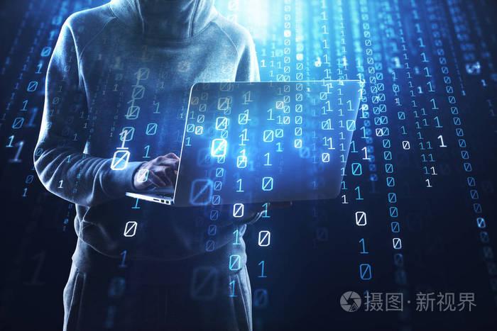 黑客使用带有二进制代码的笔记本电脑.黑客, 计算和网络钓鱼的概念.