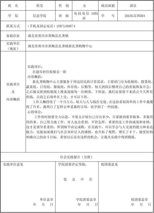 武汉科技大学大学生暑期社会实践登记表