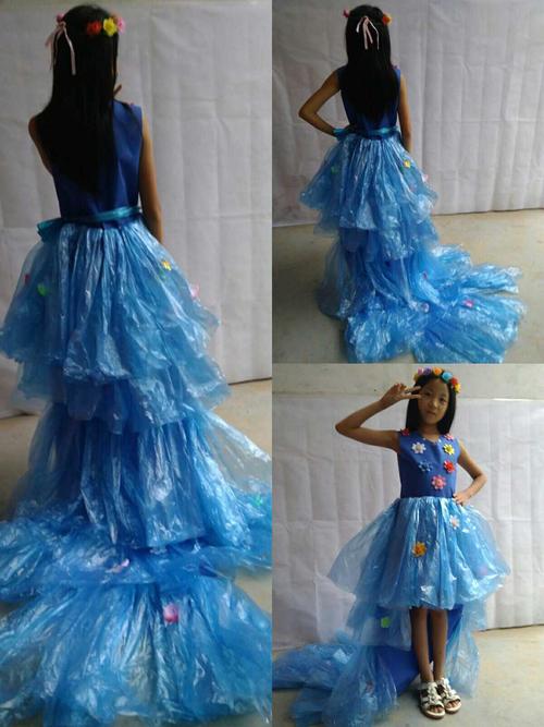 儿童成人亲子公主拖尾婚纱裙手工环保塑料袋幼儿园时装走秀演出服