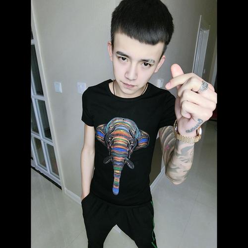 快手红人赵中阁同款个性大象图案t恤社会精神小伙圆领