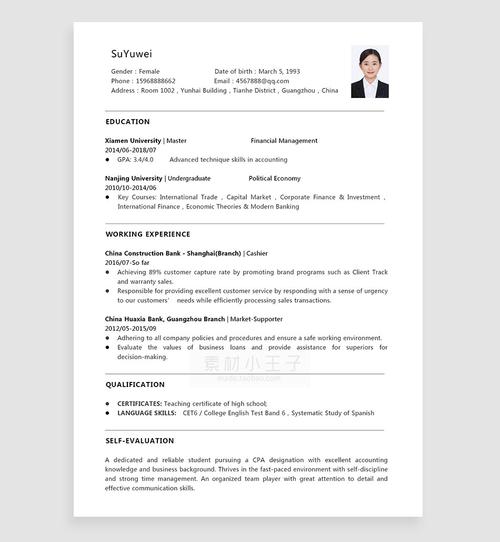 英文简历模板word 标准黑白通用简洁英文面试应聘个人