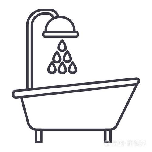 浴缸淋浴矢量线图标, 标志, 插图背景,可编辑笔触