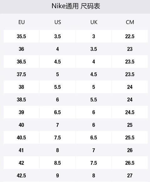 耐克鞋码尺寸对照表