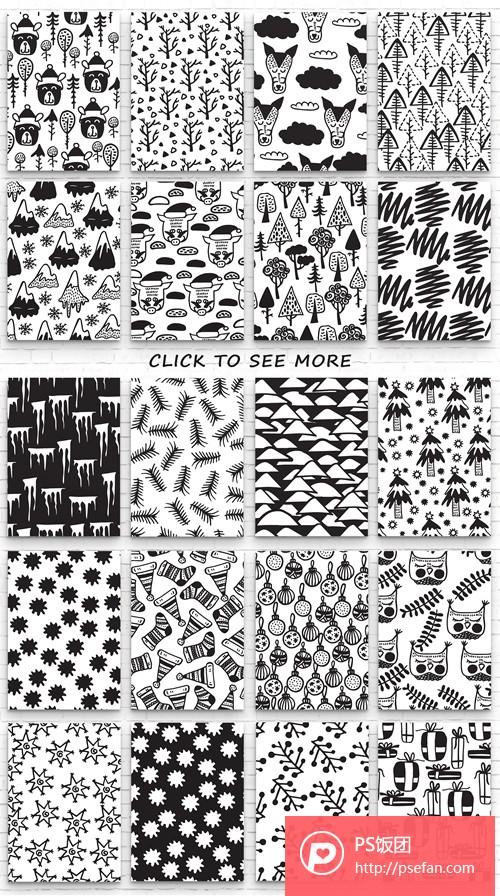 黑白卡通粗线条手绘冬季动物树木山丘圣诞装饰素材 eps png