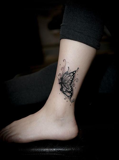 花之精灵脚踝蝴蝶精灵创意纹身