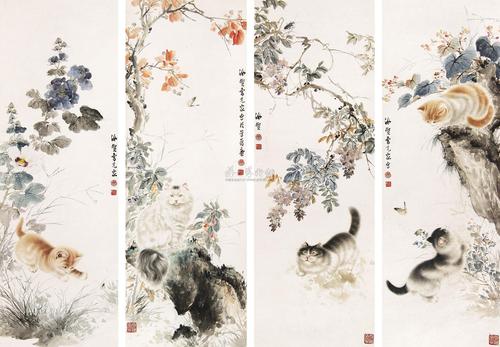 0884 猫戏图 四条屏 设色纸本