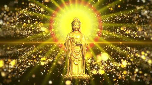 南海观音金身立像-佛光普照金色粒子背景舞台背景