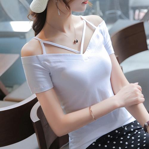 一字肩v领吊带短袖t恤女v领小清新露肩露背甜美上衣夏装韩版心机美背