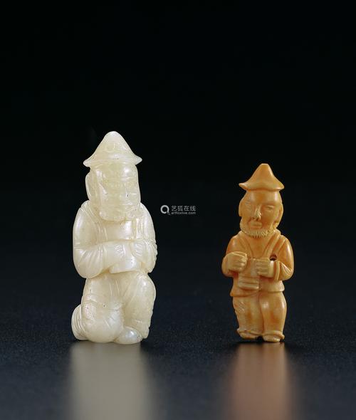 唐 白玉胡人献宝,蜜蜡胡人献宝 二件一组