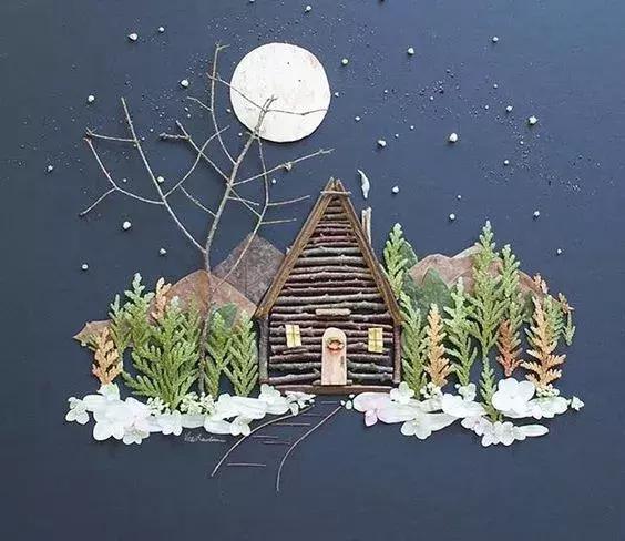 她将被风刮掉的树枝树叶带回家,做出来的画面真是太美了