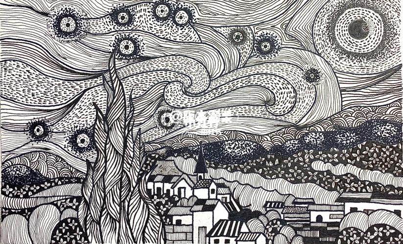梵高-星空91 线描画_杭州攻略_绘画_寻找小红书绘画