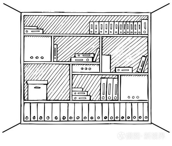 办公室书架孤立在白色背景上.在素描风格的矢量图