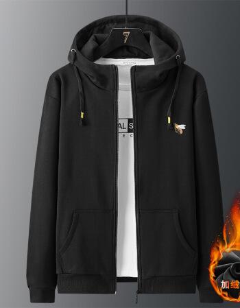 男士卫衣秋冬款加肥加绒加厚连帽拉链开衫上衣外套男保暖黑色加绒xxxl