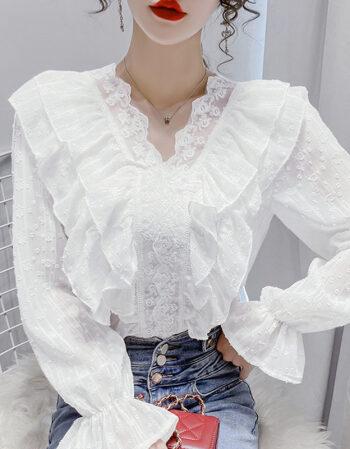 雁皇yeshon品牌v领蕾丝衬衫女秋装2021新款薄款甜美别致荷叶边雪纺