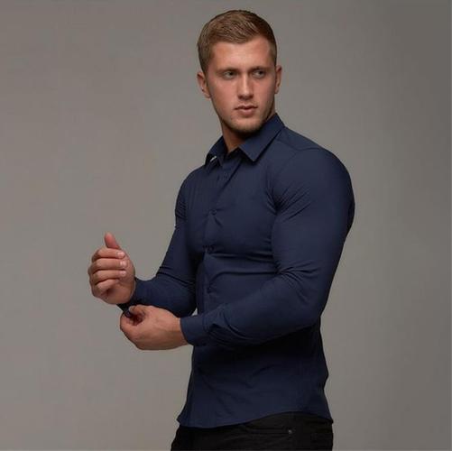 肌肉男健身衬衫运动长袖高弹力显修身商务休闲衬衣服