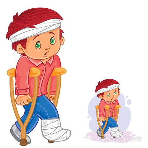 矢量在拐杖上的石膏,缠着绷带的头一条腿的小男孩