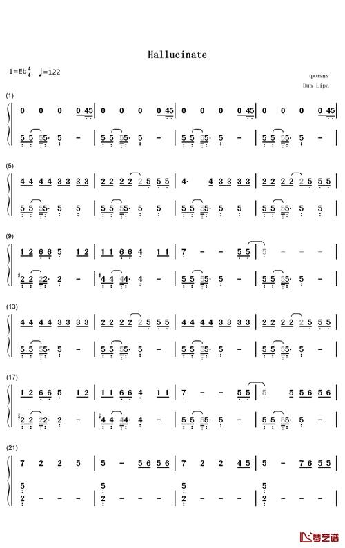 hallucinate钢琴简谱-数字双手-dua lipa
