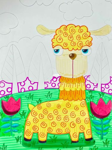 五岁77儿童画《可爱的羊驼》水彩笔画_羊驼_儿童画