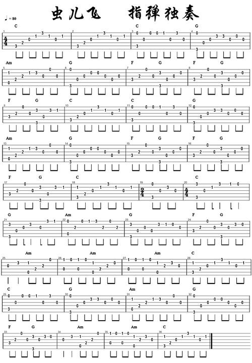 指弹独奏《虫儿飞》吉他谱_经典版_六线指弹谱_新手指法练习谱.jpg