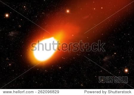 fire comet with red bright tail falling down on night background