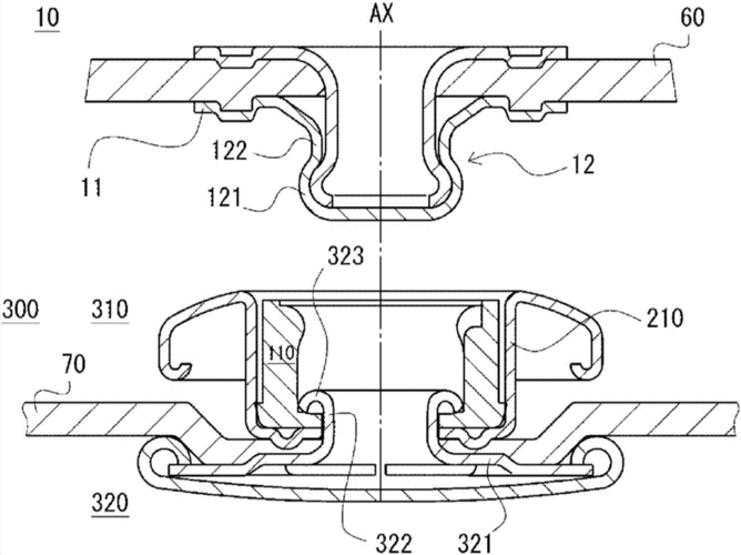 母按扣的上部结构体,母按扣以及将母按扣安装于布料的