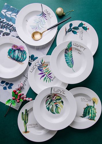 ins树叶红绿叶餐具风网绿植风格釉上彩陶瓷圆形家用餐盘陶瓷盘菜