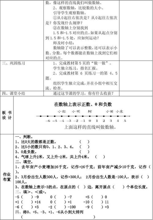 2015年新教材人教版六年级数学下第一单元负数教案
