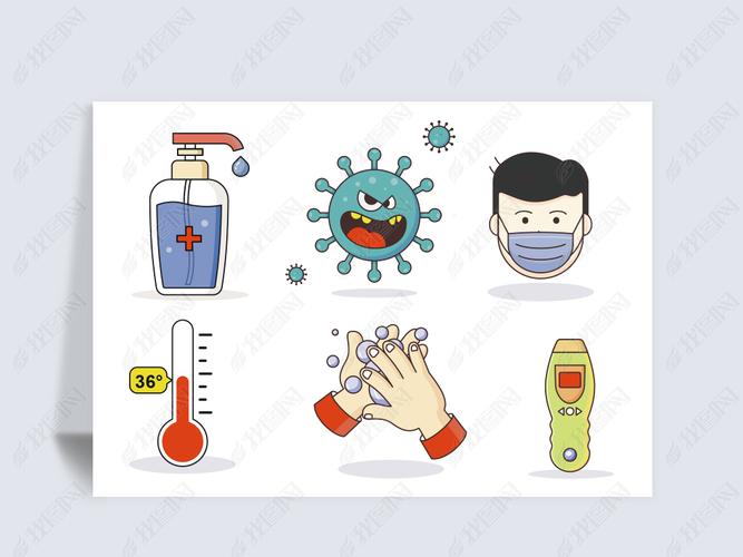 原创防疫疫情防控病毒消毒测体温洗手戴口罩矢量插画版权可商用