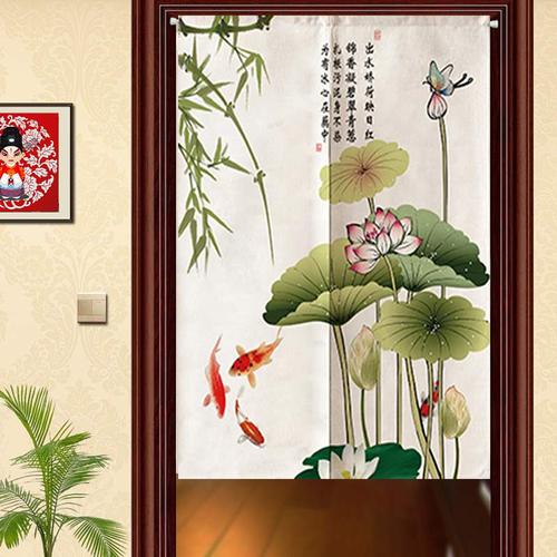 布艺门帘九鱼图荷花挂帘卫生间布帘厨房隔断帘玄关装饰背景布定做