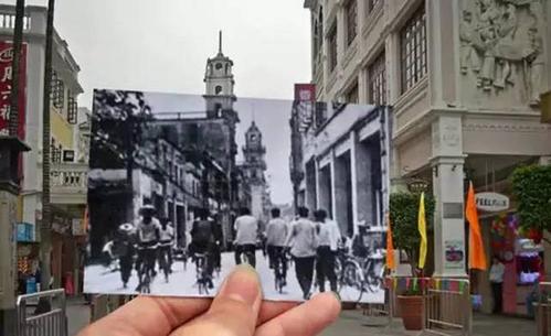 9,图为1970年代与现在的中山市孙文西路的塔楼和骑楼新旧对比照片.