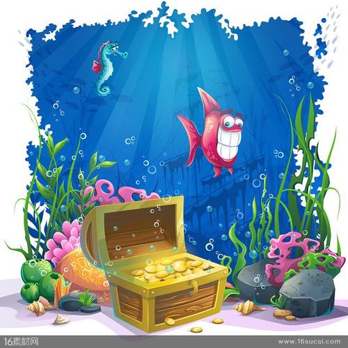 蓝色海洋底部宝藏宝箱矢量素材