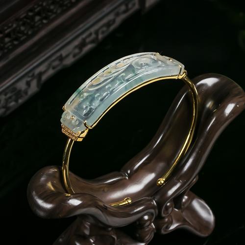 翠贵人天然a货翡翠手牌手镯18k金手牌手镯冰种凤凰手镯雕刻玉镯子