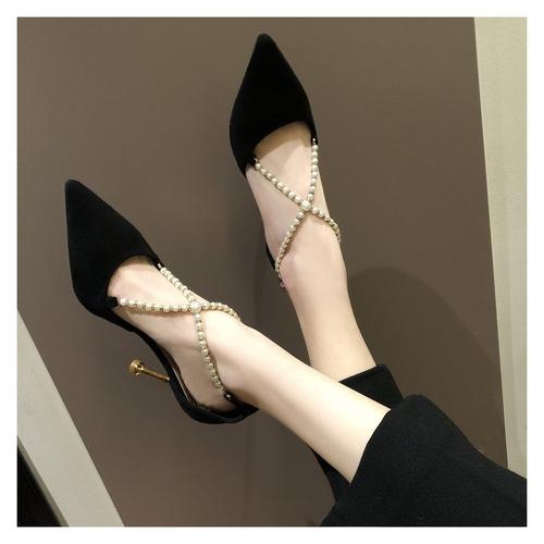 春季新款时尚尖头水钻金属链一字扣单鞋女细跟浅口百搭高跟鞋凉鞋视频