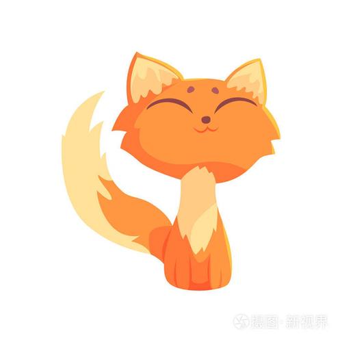 有趣的红色小猫坐在地上,闭上眼睛,可爱的卡通动物特征向量图