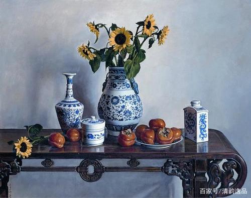 静物油画作品中的青花瓷