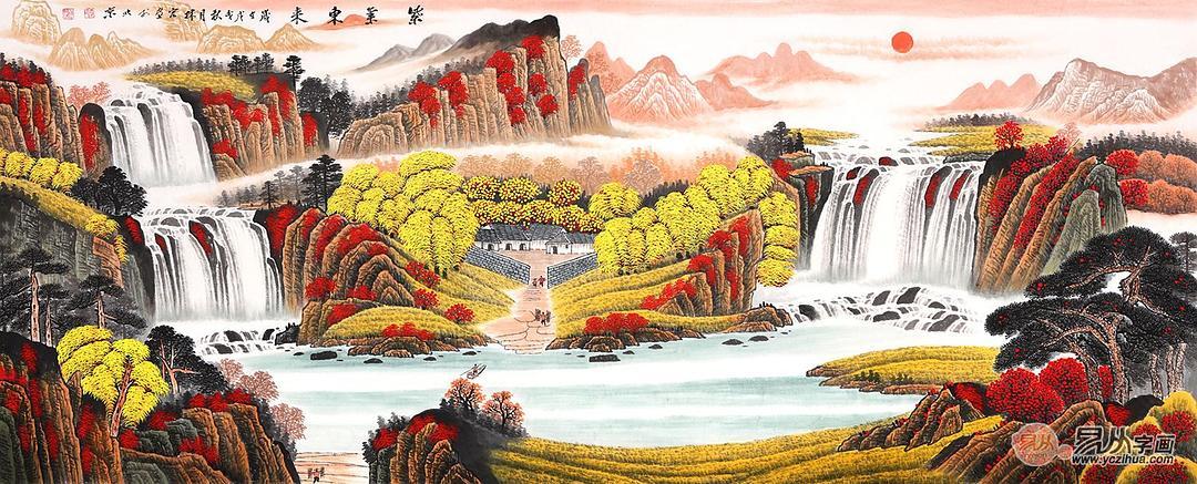 手绘客厅风水画,奇山异水旺风水助财运